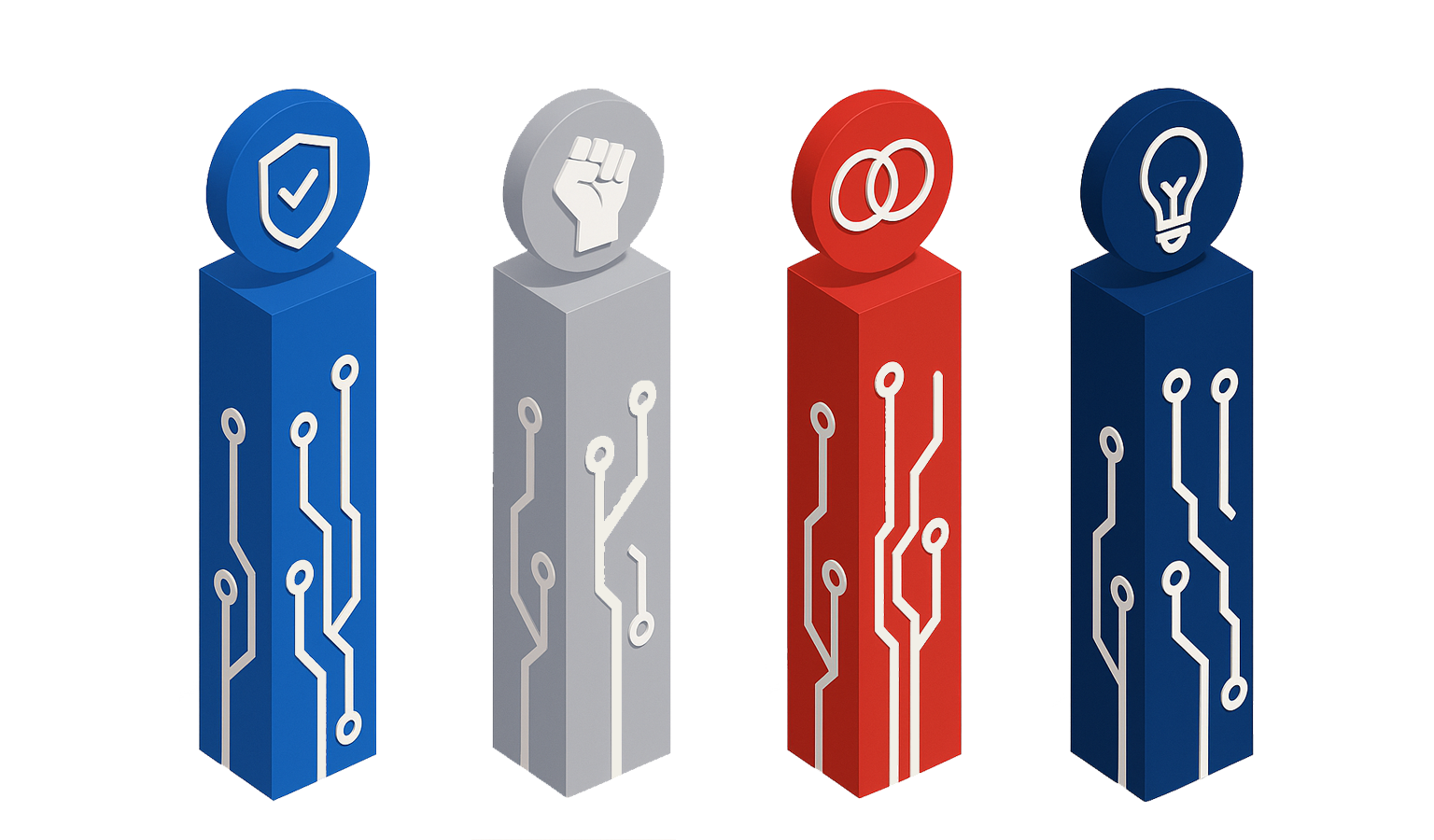 Graphic representation of 4 pillars;  integrity, empowerment, inclusion and innovation